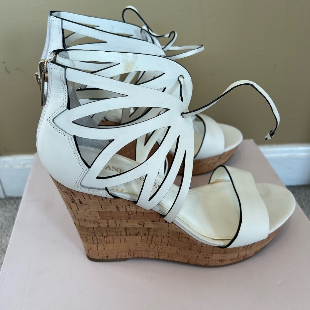 NEW IVANKA TRUMP AUTH Women's White Laser Cut Leather Wedge Sandals Size 8